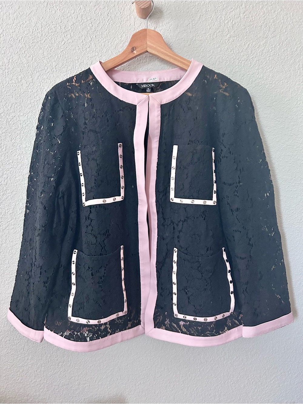 Misook Black Lace Jacket with Pink Trim Size Medium Pockets